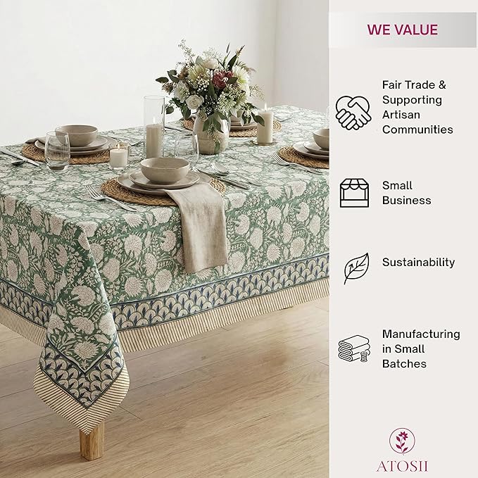 ATOSII Jade 100% Cotton Rectangle Summer Tablecloth, Block Print Floral Table Cloth Linen for Dining, Parties, Weddings, Outdoors I Grand Millennial Decor 60 X 108 Inches I 8 Seater I Memorial Day
