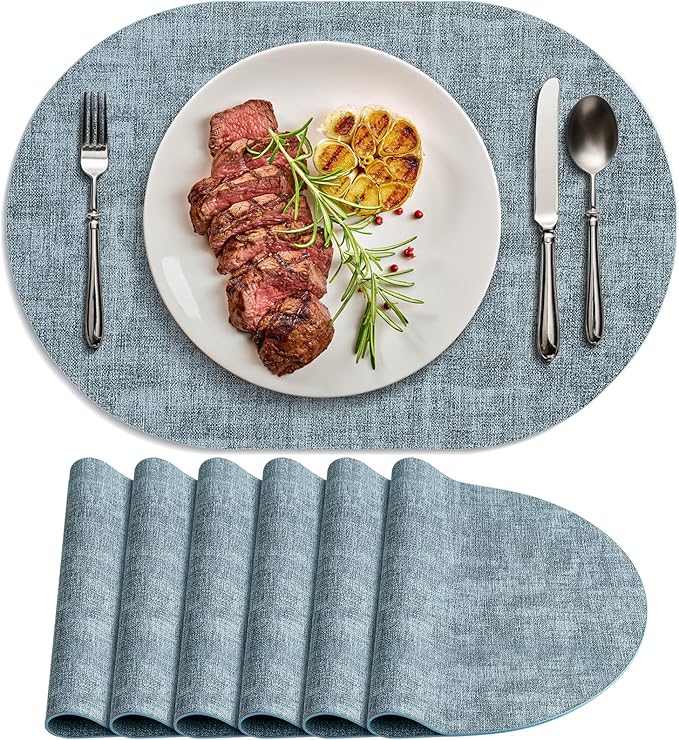 Placemats for Dining Table Set of 6 Non-Slip, Heat Resistant Oval Leather Placemat Double Layer, Waterproof Table Mats Easy to Clean for Kitchen Dining Room, Light Blue
