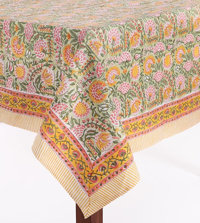 ATOSII Clover Green 100% Cotton Rectangle Fall Tablecloth, Handblock Floral Print Linen Table Cloth for Kitchen Dining I Parties, Weddings, Outdoors, Easter I Home Decor 60 X 90 Inches I 6 Seater