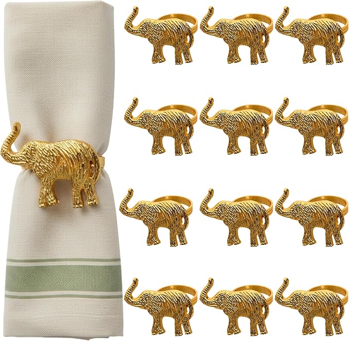 ALPHA Living HOME Metal Gold Napkin Rings Set of 12 - Elephant Napkin Holders, Table Decor, Wedding Decor, Party Supplies, Dining Accessories, Napkin Rings Holders for Gifting & Everyday Use