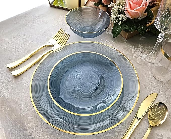 " OCCASIONS " 240 Plates Pack,(120 Guests) Premium Wedding Party Disposable Plastic Plates Set -120 x 10'' Dinner + 120 x 7'' Salad/Dessert (Belize in Blue & Gold)