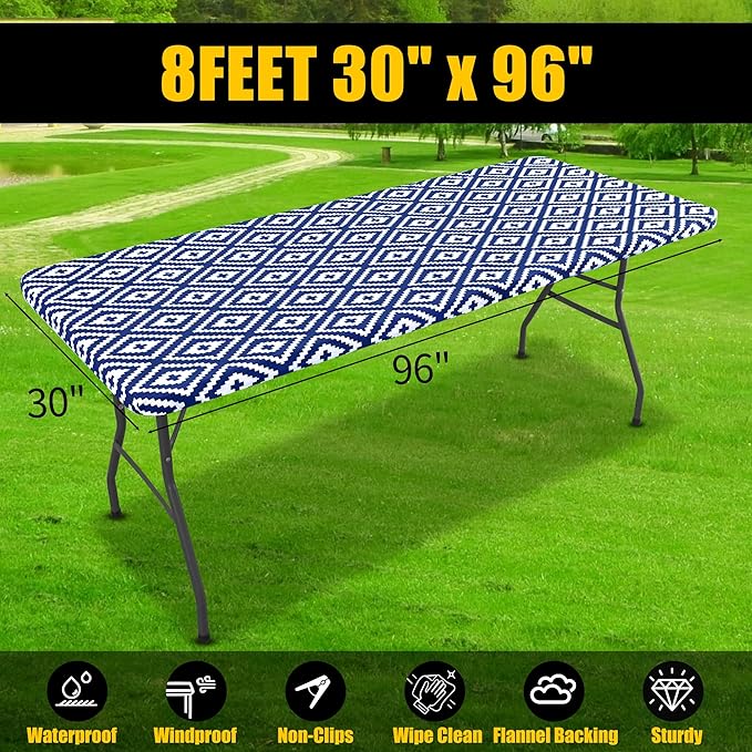 Smiry Rectangle Table Cloth Cover, Waterproof Elastic Fitted Picnic Tablecloth for 8 Foot Tables, Wipeable Flannel Backed Vinyl Tablecloths for Camping, Dining, Outdoor (Navy, 30" x 96")