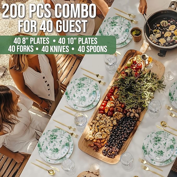 Trendables Fancy Plastic Dinnerware Sets 200 Pc Set 40 Guests Gold Silverware Disposable 40 X 10 Inch Charger Plates 40 X 8 Inch Dessert Plates 40 x Gold Plastic Forks and Spoons Knives In Verdure