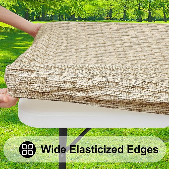 Smiry Rectangle Table Cloth Cover, Waterproof Elastic Fitted Picnic Tablecloth for 6 Foot Tables, Wipeable Flannel Backed Vinyl Tablecloths for Camping, Dining, Outdoor (Sand, 30" x 72")