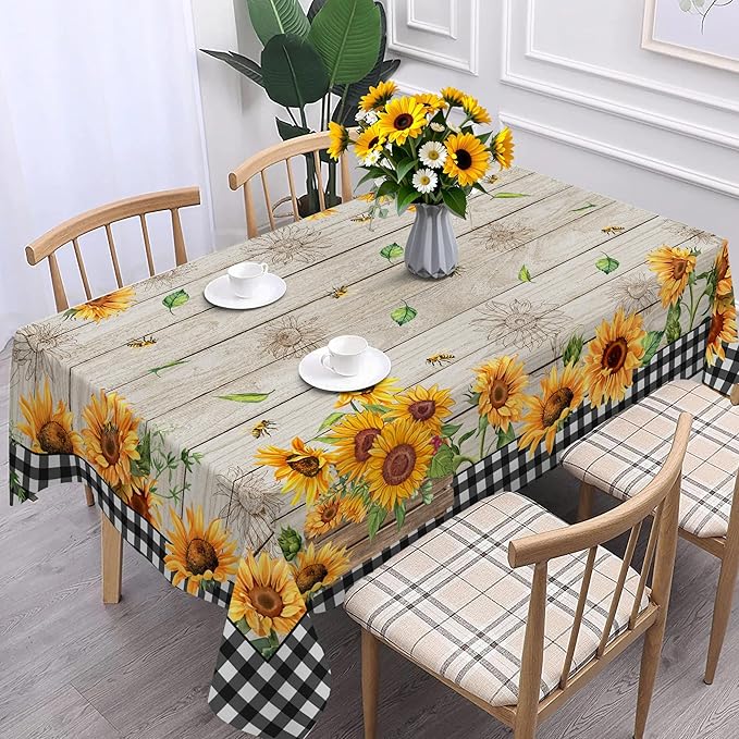 Sunflower Tablecloth 60 x 84 Inch Rectangle, Farmhouse Bee Decor Black White Buffalo Check Table Cloth for Party Dining Room