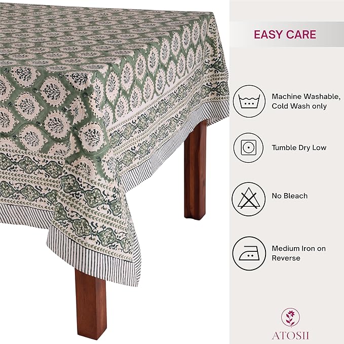 ATOSII Kari Green 100% Cotton Rectangle Boho Fall Tablecloth, Handblock Floral Table Cloth Linen for Kitchen Dining I Parties Wedding Outdoors Christmas Thanksgiving I 72 X 120 Inches I 10 Seater