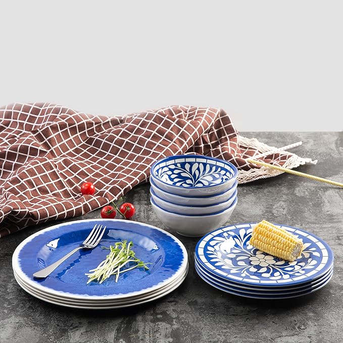 Melamine Dinnerware Set - 12 Pcs Dinner Dishes Set for 4, Plates and Bowls Set for Indoor & Outdoor Use- Dishwasher Safe, Unbreakable, Blue