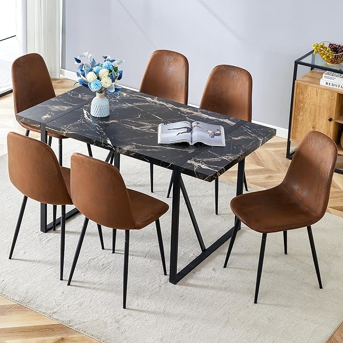 Dinner Table Set for 6,7 Piece Dining Table Set for 6,Modern 55'' Rectangle Dining Table and 6 Dining Chairs,Kitchen Table and Chairs for 6,Ideal for Kitchen Dining Room