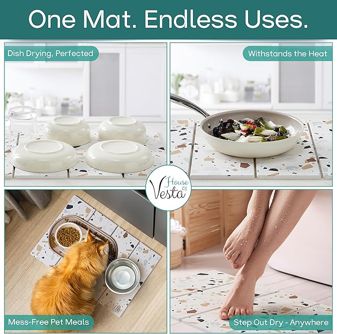 Stone Drying Mat For Kitchen Counter, Diatomaceous Stone Dish Drying Mat For Kitchen - Quick Drying Dish Mat - Water Absorbing Stone Tray, Foldable, Eco-Friendly, Terazzo Design (23.5 x 15.4")