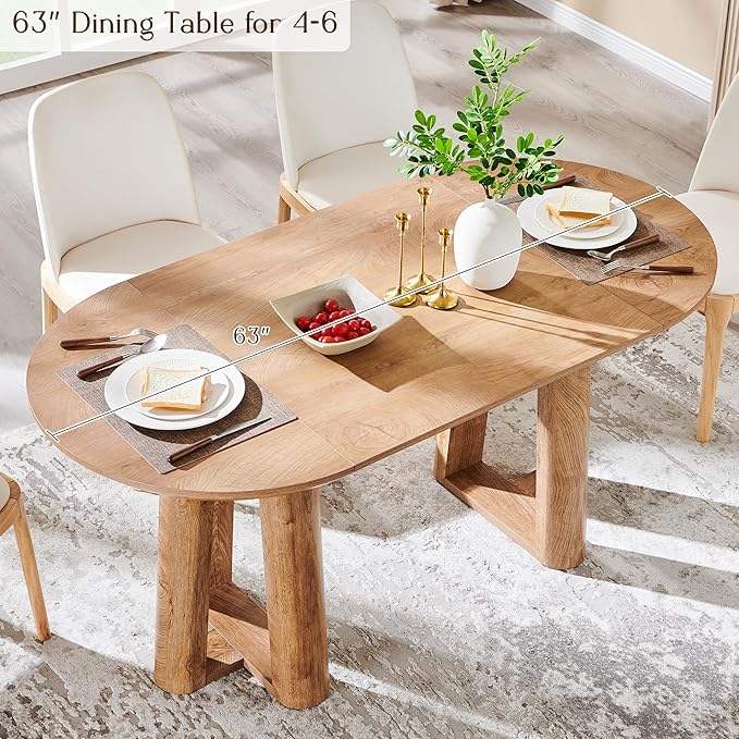 OKD 63" Dining Table for 6-8, Oval Dining Room Table with Triangular Structure Pedestal Stable Base, Curved Table Edge, Circle Kitchen Tables for Dining Room, Kitchen, Light Tree Knot