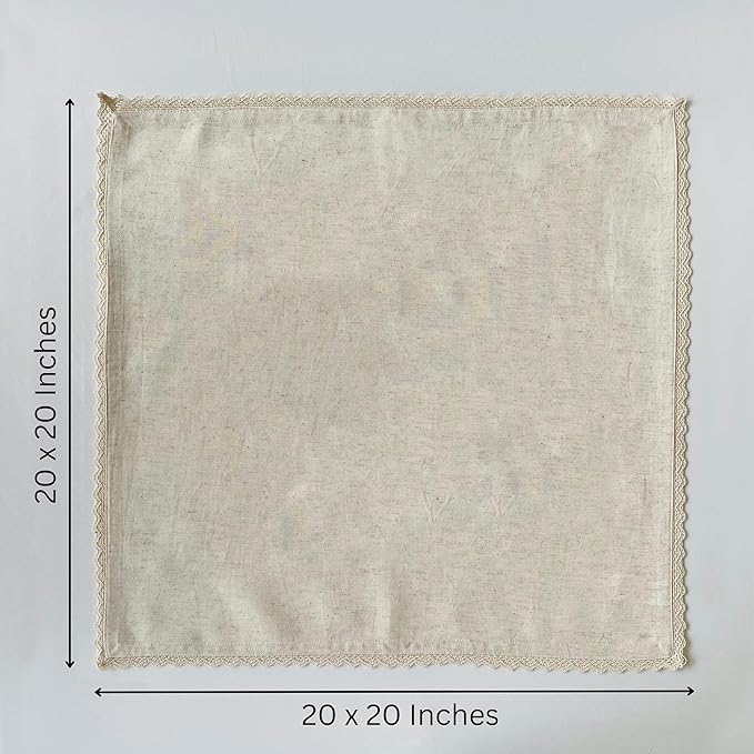 FINGERCRAFT Dinner Cloth Napkin Cotton Linen 4 Pack Vintage Rustic Premium Quality Mitered Corners Napkin Cloth with Elegant Lace for Everyday Use, Pre Shrunk and Good Absorbency 20x20 in Ivory
