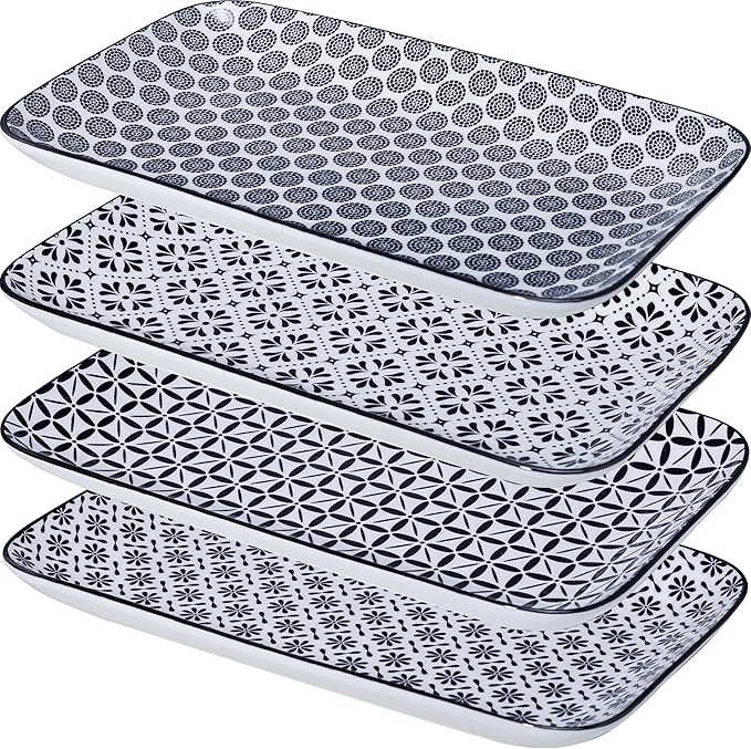 LEHAHA Serving Platters Set of 4, 12" Inch Rectangular Tray, Serving Dishes for Entertaining, Ceramic Serving Trays for Serving Food for Party and Cookies, Microwave & Dishwasher Safe, Black