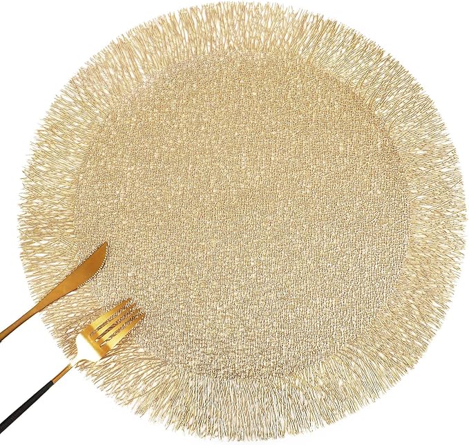 FAVE Gold Round Vinyl Placemats Set of 6, Washable Hollow Out Tassel Place Mats for Table Decoration, Daily Table Use, Holiday Decoration(15 inch,6PCS)