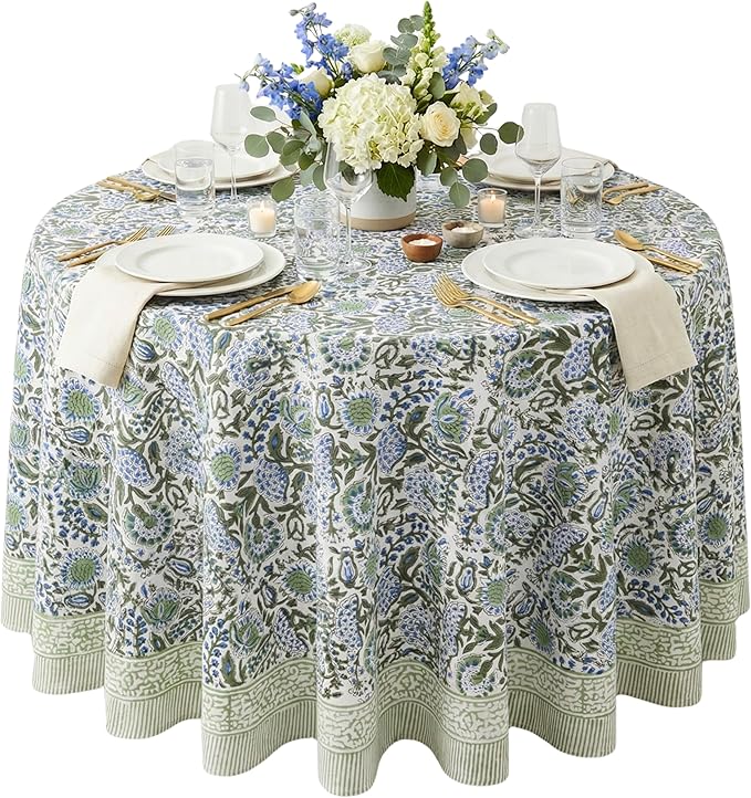 ATOSII Clover Blue 100% Cotton Round Boho Fall Tablecloth, Handblock Floral Table Cloth Linen for Kitchen Dining I Parties Outdoors Christmas Thanksgiving Fall Home Decor 72" Inches Round I 4-6 Seater