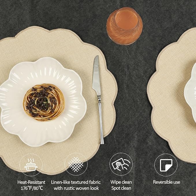 AHHFSMEI Round Faux Linen Placemats Set of 8 Waterproof Table Mats Heat Resistant Non-Slip and Stain Proof for Kitchen Dining Elegant Decor (Beige,8)