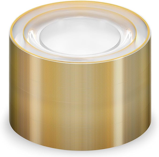 Munfix 100 Gold Plastic Plates Set, 10 Inch Disposable Dinner Plates, Elegant Fancy Heavy Duty for Party, Wedding, Clear with Gold Rim