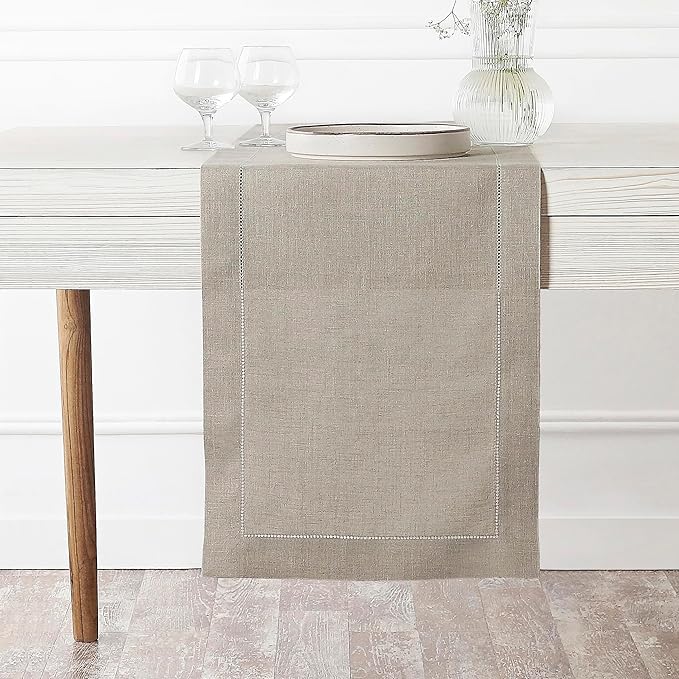 D'Moksha Homes Linen Natural Table Runner 120 Inches Long - 100% Pure Linen Hemstitch 14 x 120 Inch Table Runner for Dining, Valentines, Spring, Easter - Classic Hemstitch