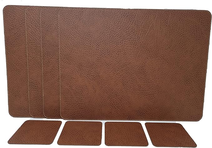 Nikalaz Set of 4 Small Placemats and 4 Coasters Made of Recycled Leather (15.75''x11.81'', Dirty Brown)