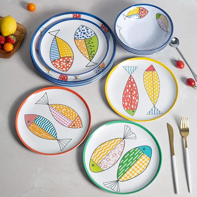 Melamine Dinnerware set for 4, Plates and Bowls Sets, Great for Camper, RV, Indoors Outdoors Use with Ocean Printed, Unbreakable