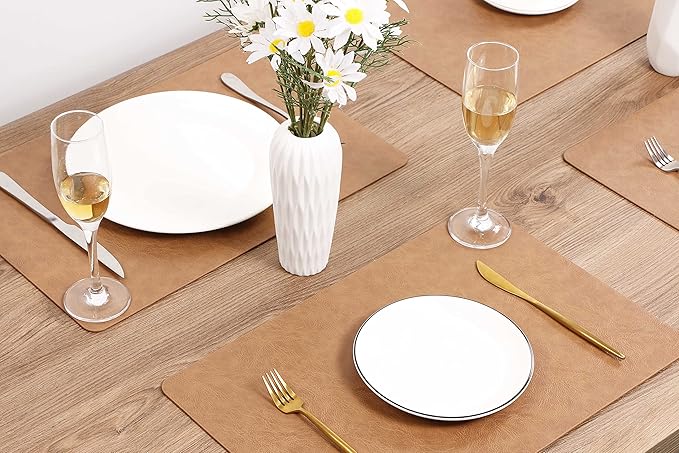 Set of 8 Faux Leather Placemats, PU Table Mats, Waterproof, Stain Resistant, Heat Resistant, Non-Slip Easy to Clean for Kitchen Dining Table,Conference Table F Flaxen