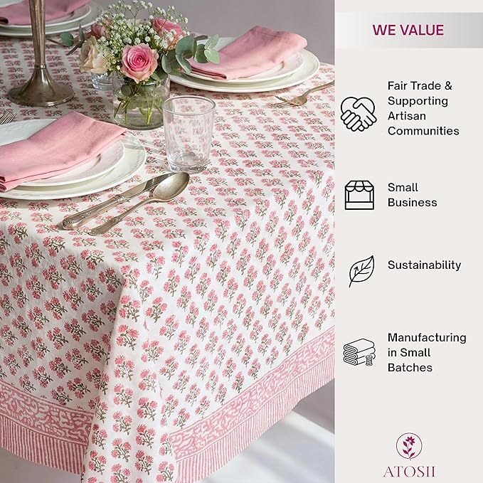 ATOSII Gulbahar White Pink 100% Cotton Fall Rectangle Tablecloth, Handblock Print Floral Table Cloth for Kitchen Dining Linen I Thanksgiving Christmas Weddings Outdoors I 72 X 120 Inches I 10 Seater