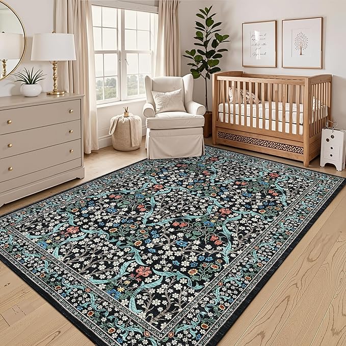 GarveeHome 6x9 Washable Area Rug for Living Room, Floral Dining Room Rugs for Under Table, Low Pile Non-Slip Stain Resistance Floor Carpet for Bedroom, Black