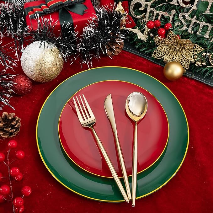 I00000 150Pcs Red and Green Plastic Plates with Gold Rim,Fancy Christmas Plastic Plates,Nice Christmas plates Set include 30 Dinner Plate,30 Dessert Plate, 90 plastic Silverware Set for christmas