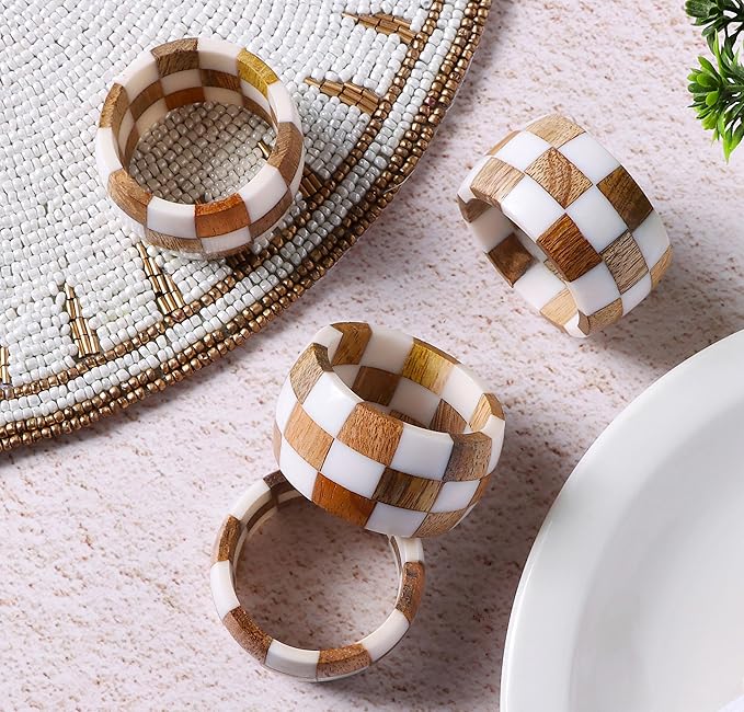 ALPHA Living HOME Rustic Napkin Rings Setof 12 - Handmade Epoxy & Wood Napkin Holders for Table Decor, Wedding, Easter, Thanksgiving, Party & Dining – Modern Farmhouse Accessories (Brown Cream)