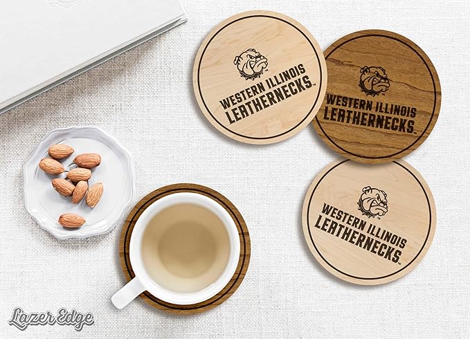 LazerEdge Western Illinois Leatherbacks Wooden Coaster Set - Cherry Wood - Officially Licensed Product - 4-Pack