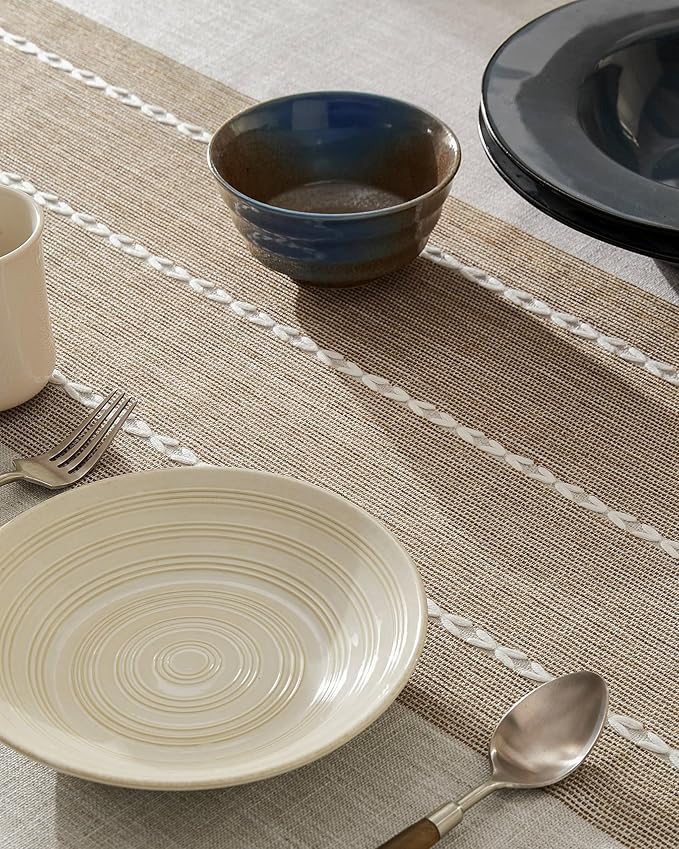 ZeeMart Contrast Linen Table Cloth Rectangle Table Cloths 52x70 Inch Brown, Farmhouse Style Heavy Weight Beige Tablecloth, Water Resistant Burlap Tablecloths