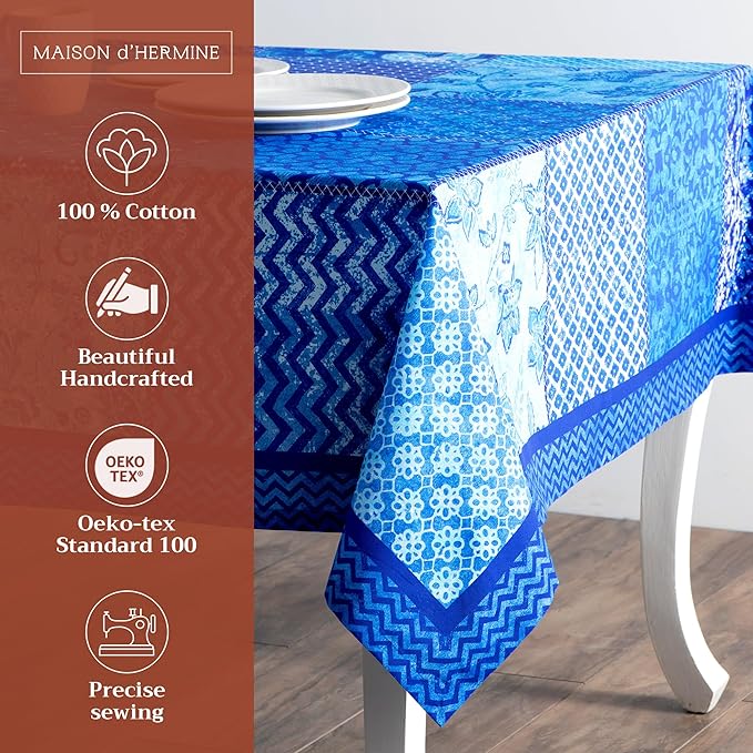 Maison d' Hermine Table Cloth Rectangle Table 100% Cotton 54 x 72 Inches Tablecloth Reusable Decorative for Dining Room Farmhouse Home Valentines Day Decorations Spring Summer - Indigo Love