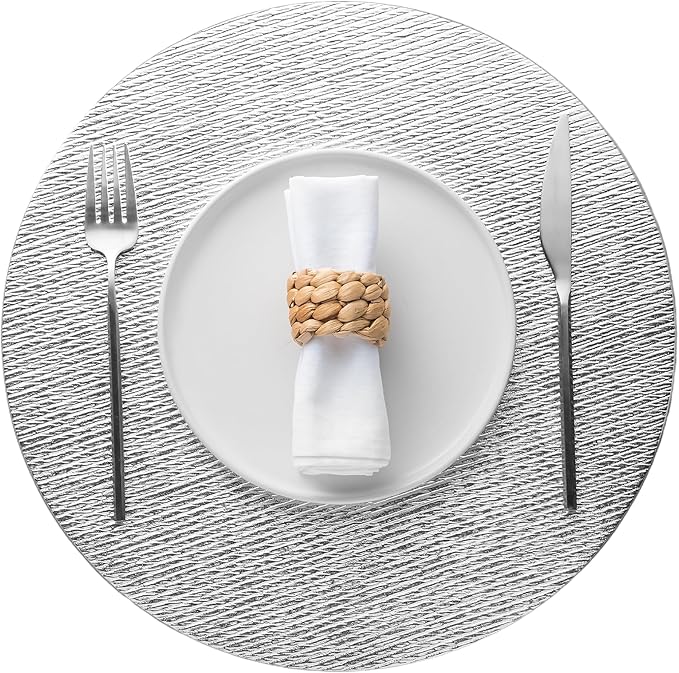 Jovono 15" Faux Leather Big Round Placemats Set of 6 - Washable Heat Resistant Non-Slip Dining Table Mats with Fabric Texture for Kitchen Home Party Wedding Decor, Silver