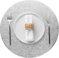 Jovono 15" Faux Leather Big Round Placemats Set of 8 - Washable Heat Resistant Non-Slip Dining Table Mats with Fabric Texture for Kitchen Home Party Wedding Decor, Silver