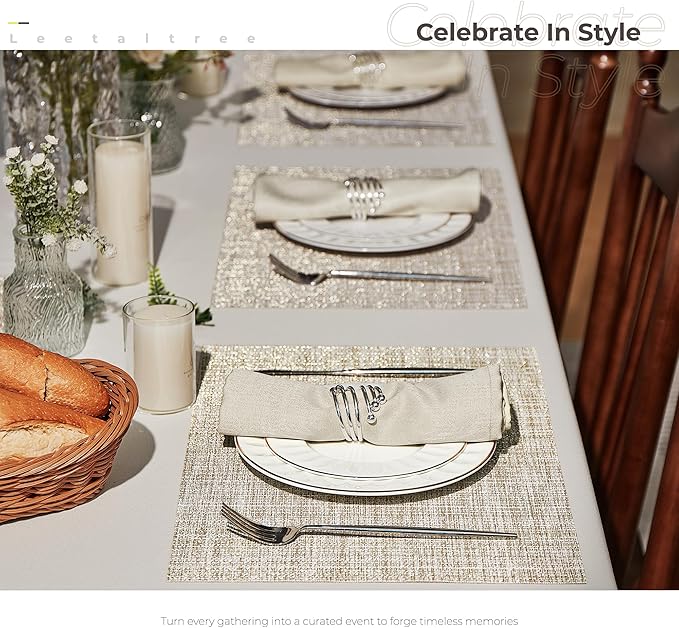 Leetaltree Luxury Beige and Gold Woven Placemats Set of 4 - Waterproof Washable Textured Table Mats for Wedding, Anniversary, Daily Use - Sparkling Metallic Thread Table Decor - Hand-Cut