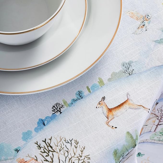 Maison d' Hermine Table Cloth Round Table 100% Cotton 63 Inches Fall Tablecloth Reusable Everyday Use for Thanksgiving Christmas Decorations Dining Farmhouse Party (Snowy World)