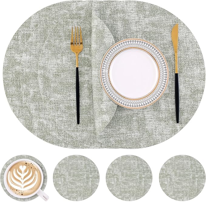 Homaxy Round Faux Leather Placemats and Coasters, Washable Dual-Side Table Mats, Wipeable Heat-Resistant Dining Place Mats for Outdoor and Indoor, Set of 4, Diameter 13 and 3.93 inch, Grass Green
