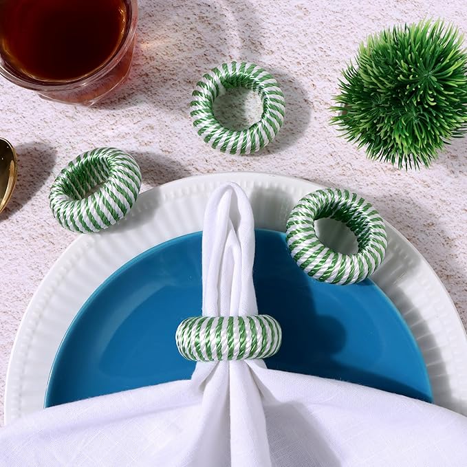 Napkin Rings Set of 12 - Rayon Napkin Holders for Dining, Anniversary, Birthday, Christmas | Napkin Rings for Home and Kitchen Décor | Adornment for Table Settings(Green White) - ALPHA Living HOME