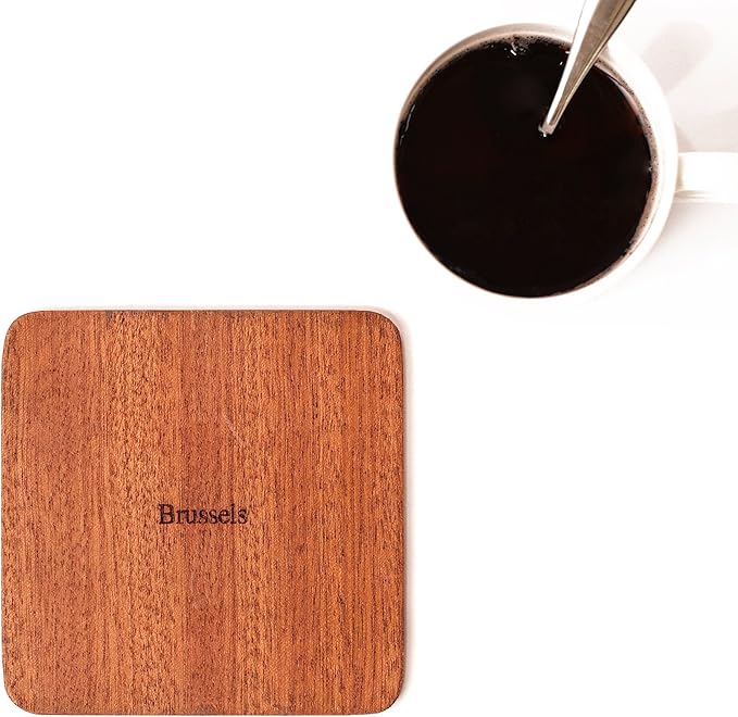 Brussels Map Coaster by O3 Design Studio, Set Of 4, Sapele Wooden Coaster With City Map, Handmade