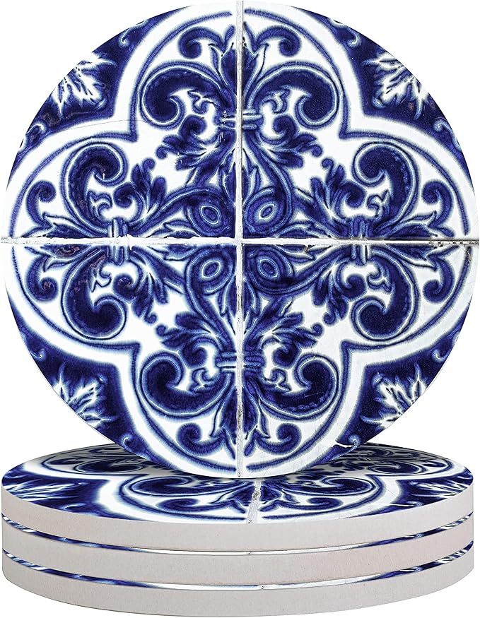 4-Piece Round Absorbent Ceramic Coaster Set with Cork Base – Durable Drink Coasters for Mugs, Cups, and Tabletop Protection (Azulejos)