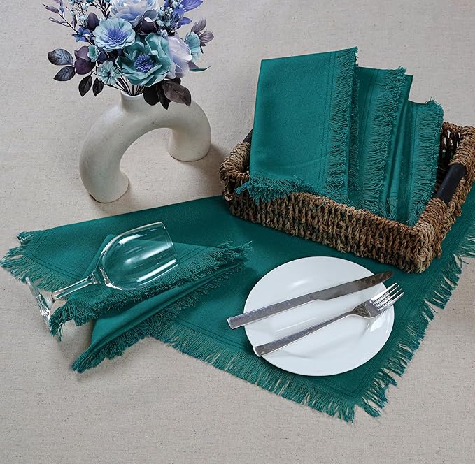 Bedding Craft Cotton Cloth Dinner Napkins Set of 12 – 18x18 Teal with Frayed Selvedge Edges – Machine Washable Reusable Fabric Napkins for Weddings, Baby Showers, Parties & Table Décor