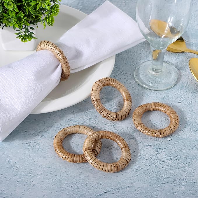 CLEENTABLE Woven Napkin Rings Set of 12 - Handmade Rattan Napkin Holders for Farmhouse Table Décor, Rustic Holiday Dining, Wedding, Thanksgiving, Christmas & Everyday Use (Natural)
