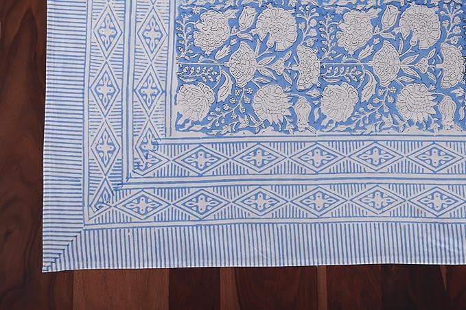 ATOSII Azora Blue 100% Cotton Rectangle Fall Tablecloth, Handblock Floral Print Linen Table Cloth for Kitchen Dining I Parties, Outdoors, Christmas, Thanksgiving I 72 X 120 Inches I 10 Seater