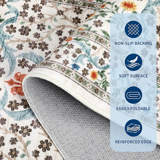 GarveeHome Floral 3x5 Area Rugs for Entryway, Washable Kitchen Rug Non Slip, Low Pile Bedroom Rug, Ultra Soft Stain Resistant Small Carpet for Laundry Room, Beige