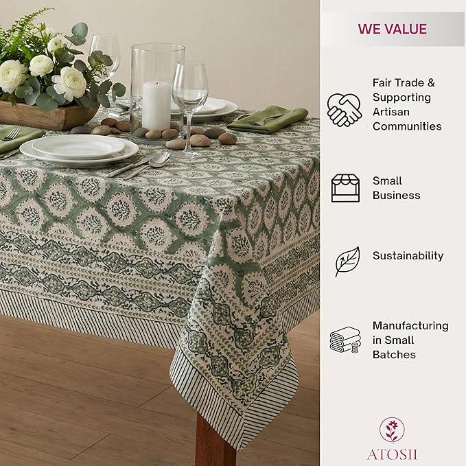 ATOSII Kari Green 100% Cotton Rectangle Boho Summer Tablecloth, Block Print Floral Table Cloth Linen for Dining, Parties, Wedding, Outdoors Home Decor 60 X 108 Inches I 8 Seater I