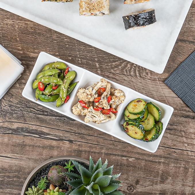 Restaurantware Voga 8.5 Ounce Divided Serving Dishes 10 Square Condiment Serving Dishes - 3 Compartments Serve Appetizers Snacks Dips Or Dressings White Melamine 3 Compartment Dishes