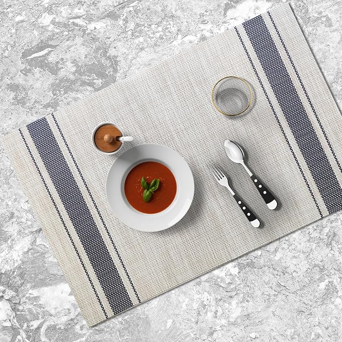 Placemats Set of 4 Vinyl Washable Blue Placemats, 18"x12" Wipeable Heat-Resistant Non-Slip Easy Clean Table Mats Ideal for Dining Table Table Runner and Outdoor (4, Blue Wide Stripe)