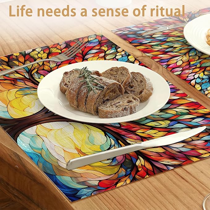 6 Pcs Placemats,Colorful Tree Placemat,Abstract Table Mats Washable Recyclable Table Placemats for Indoor Outdoor Heat Resistant Kitchen Dining 12"x18"