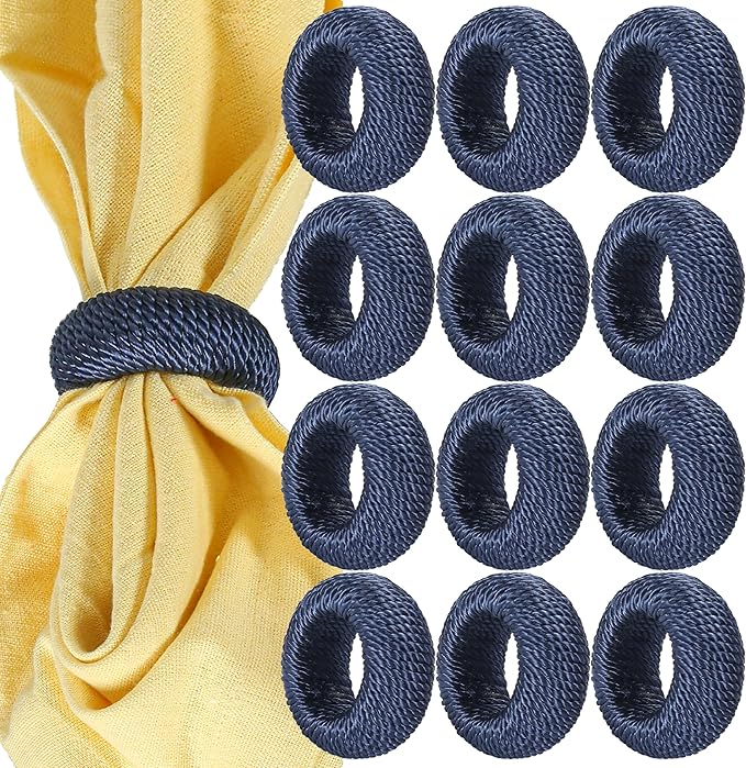 CLEENTABLE Rustic Napkin Rings Set of 12 - Rayon Napkin Holders for Table Decor, Weddings, Dinner Parties & Everyday Dining - Farmhouse Boho Napkin Rings (Blue)