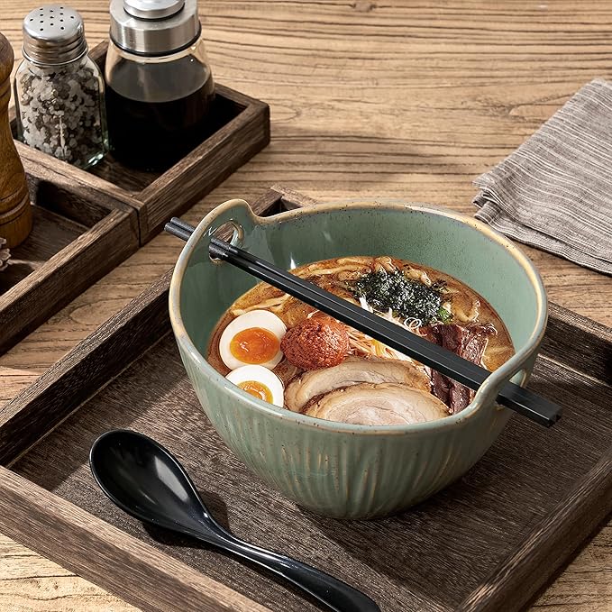 Ramen Bowl with Chopsticks and Spoons Set, 7 Inch Ceramic Noodle Bowl Set of 2, Dishwasher Safe for Pho Udon Soba Noodle Salad Pasta, Special Reactive Glazed Green Bowls Set