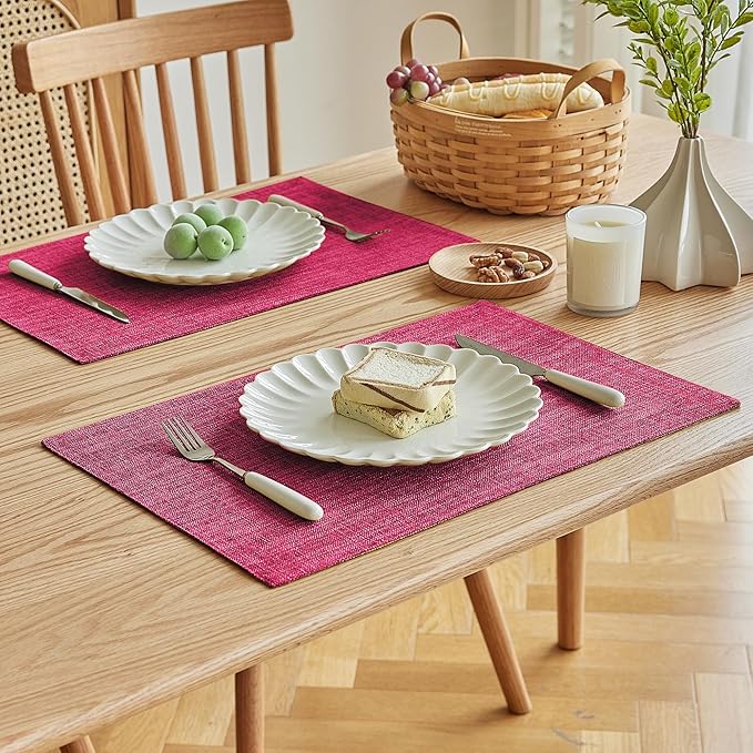 Softalker Faux Linen Placemats Set of 4-12 x 18 Inch, Heat Resistant Double Layered Durable Burlap Farmhouse Place Mats, Non-Slip Washable Rustic Table Mats for Dining, Kitchen, Party（Pink